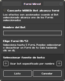 Ventana de configuración de Bot alcanza furni