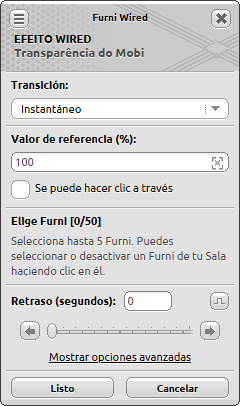 Ventana de configuración de Transparência do Mobi