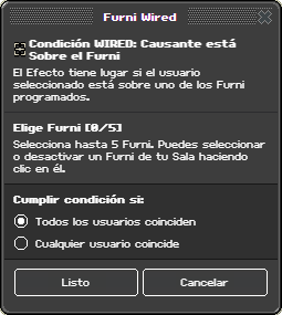 Ventana de configuración de Causante está Sobre el Furni