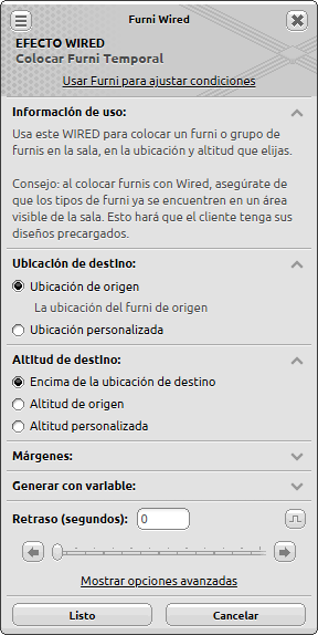 Ventana de configuración de Colocar Furni Temporal