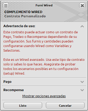 Ventana de configuración de Contrato Personalizado