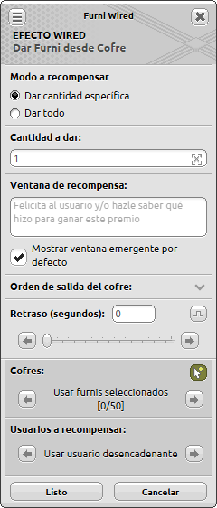 Ventana de configuración de Dar Furni desde Cofre