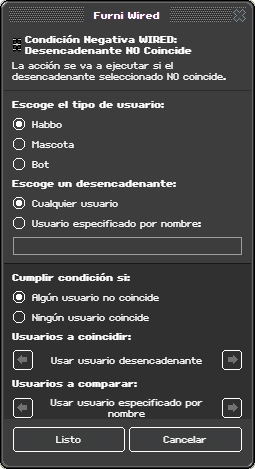Ventana de configuración de Desencadenante NO Coincide