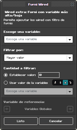 Ventana de configuración de Furni con variable más alta o baja