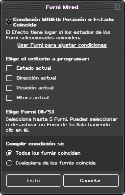 Ventana de configuración de Posición o Estado Coincide