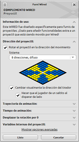 Ventana de configuración de Proyectil