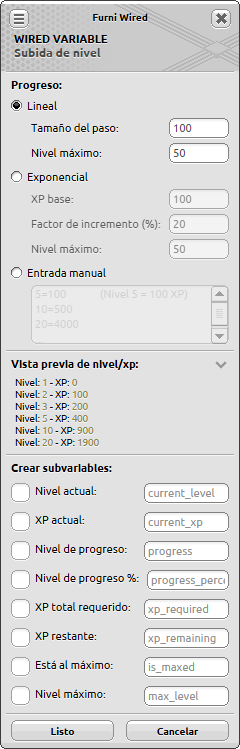 Ventana de configuración de Sistema de Subida de Nivel