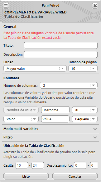 Ventana de configuración de Tabla de Clasificación