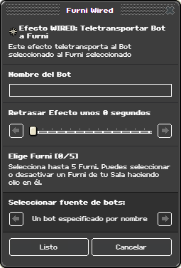Ventana de configuración de Teletransportar Bot a Furni