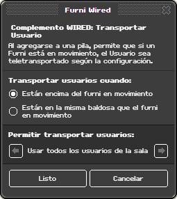 Ventana de configuración de Transportar Usuario