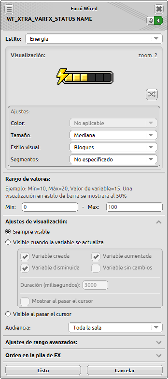 Ventana de configuración de Variable FX: Barra de Estado
