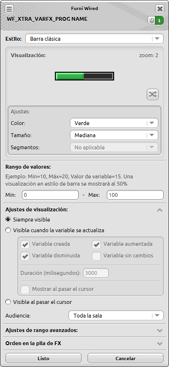 Ventana de configuración de Variable FX: Barra de Progreso