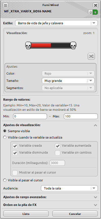 Ventana de configuración de Variable FX: Barra de Vida Superior