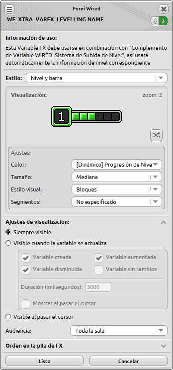 Ventana de configuración de Variable FX: Progreso de Nivel