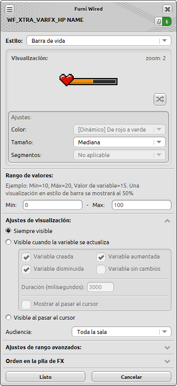 Ventana de configuración de Variable FX: Puntos de Vida