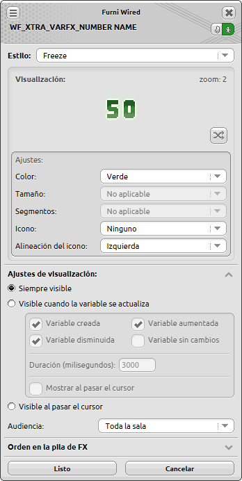 Ventana de configuración de Variable FX: Visualizador Numérico